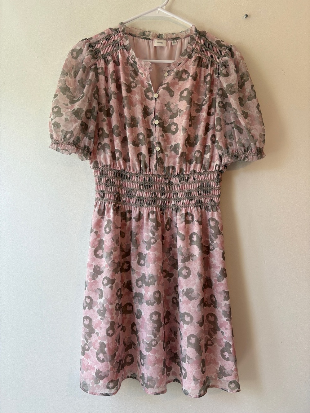 Wilfred Daughter Dress Gray Pink Floral Smocked Waist Puff Sleeve Mini Dress M - Picture 2 of 9